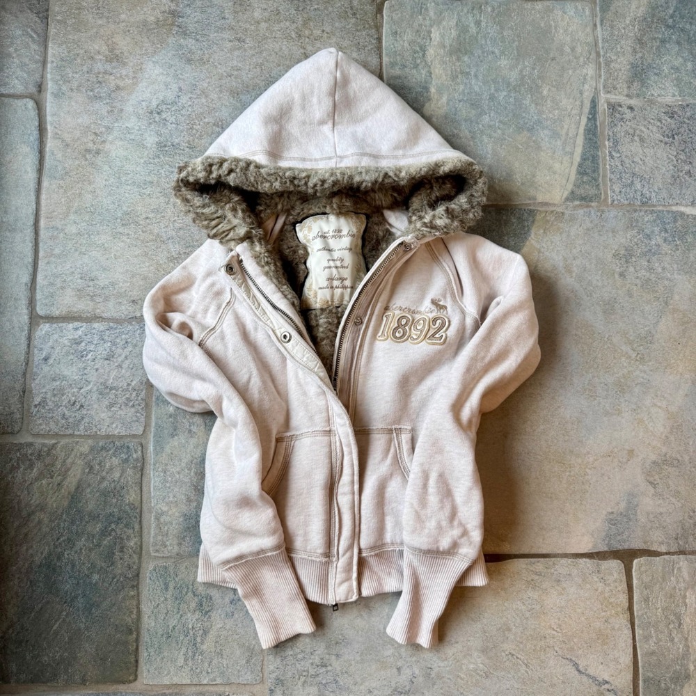 Y2K Abercrombie Faux Fur Lined Hoodie‎ Kids XL Women's XS/S Double Zip Buttons